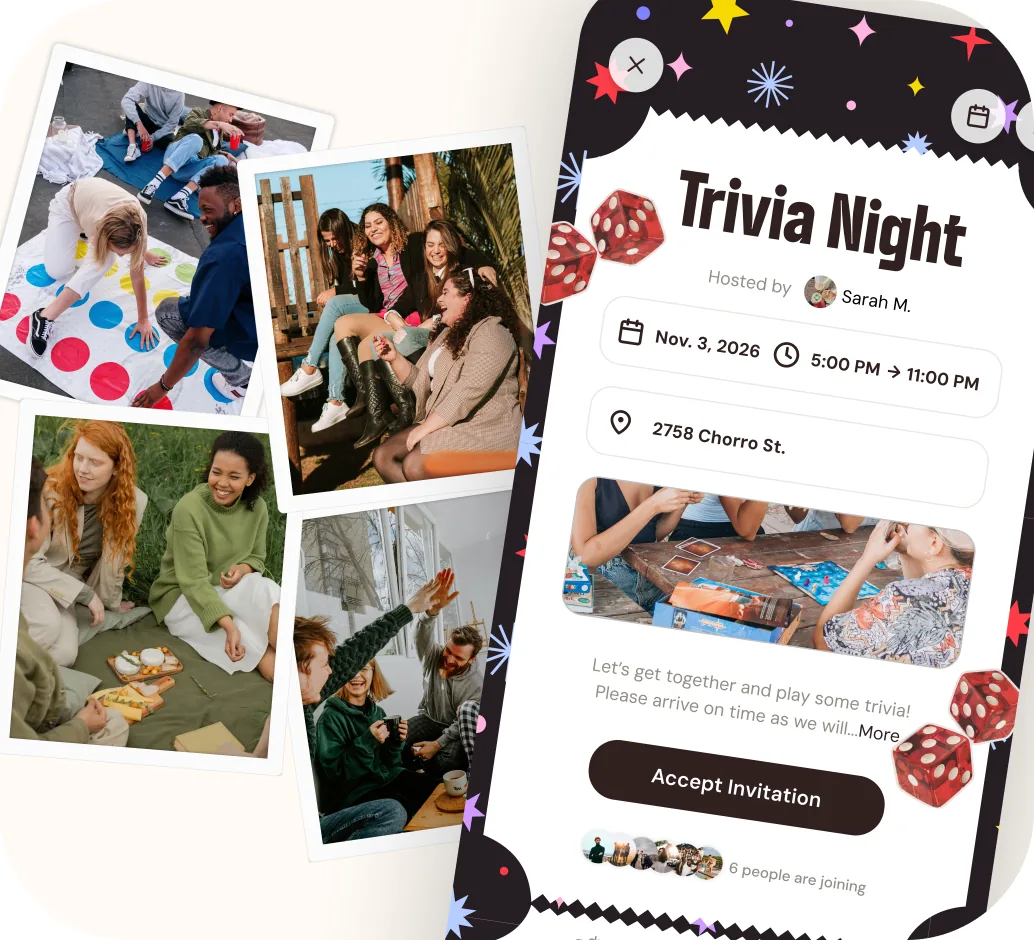 A Trivia Night invitation beside a spread of party photos